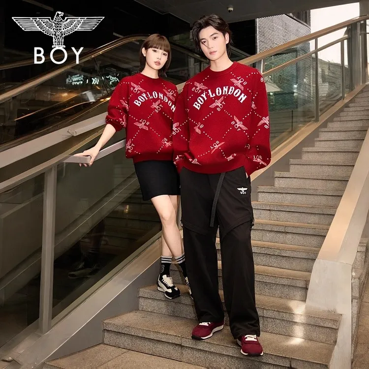 【红酒派对】BOYLONDON冬季情侣毛衣套头圆领酒红色上衣N60906