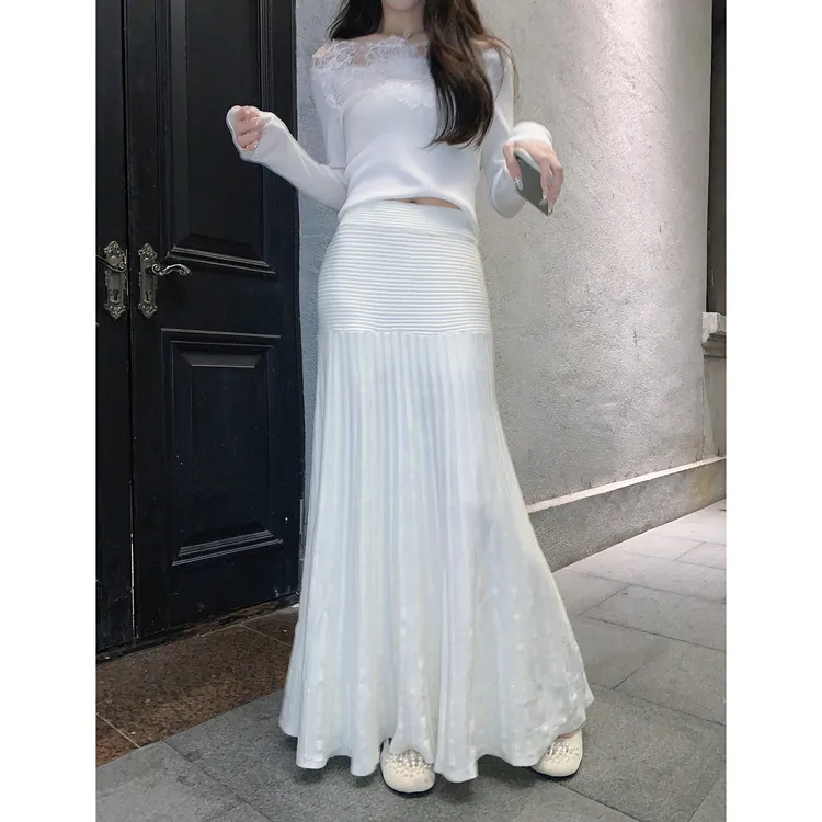 果果家 新中式2025半身裙大摆裙厚款褶皱长款条纹拼接半身裙女士