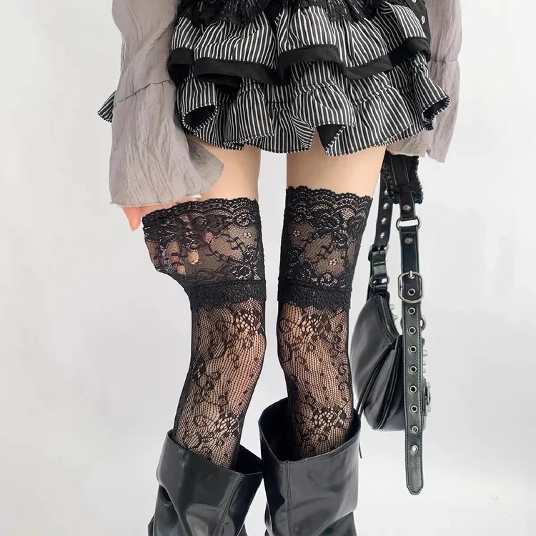 蕾丝花纹过膝长筒袜性感镂空渔网袜超薄美式复古黑丝袜子女配靴子