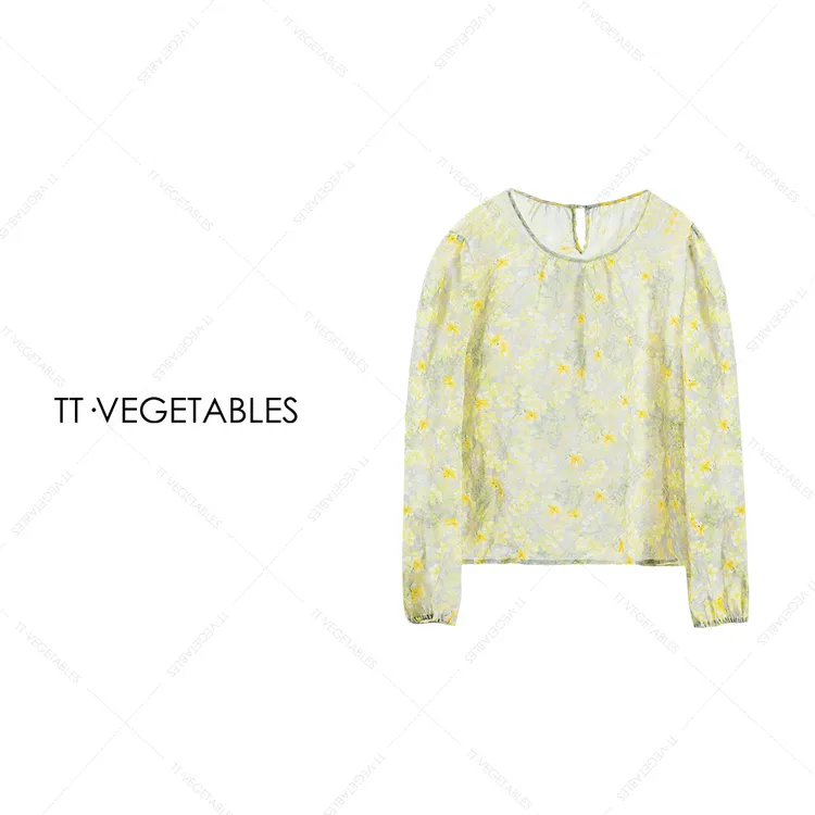 TT・VEGETABLES【序白】青花 苎麻圆领长袖小个子套头上衣512017