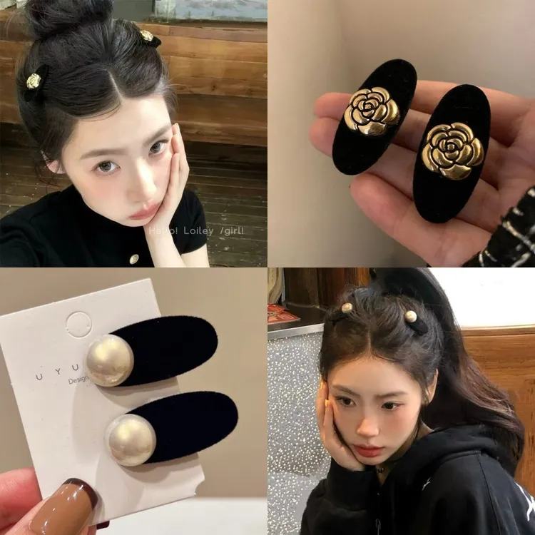 复古黑色丝绒珍珠发夹侧边刘海夹