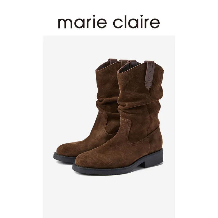 MC女鞋堆堆牛仔靴2025年冬圆头方跟一脚蹬时装靴marieclaire女鞋