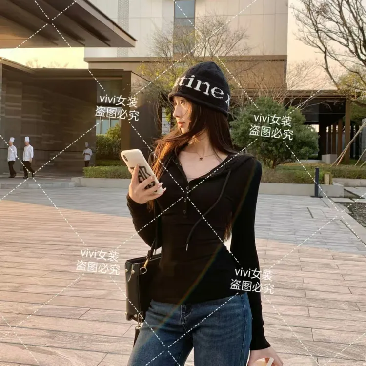 【原版原克重】早秋简约美式辣妹修身半开扣连帽卫衣收腰长袖上衣女