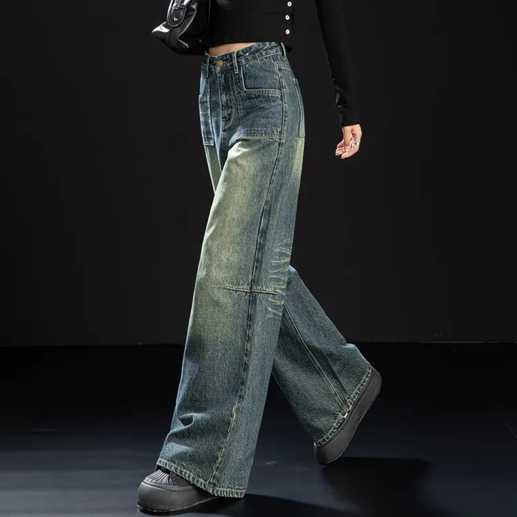 蓝色美式复古牛仔裤女2025春秋季网红洋气炸街女装窄版直筒阔腿裤