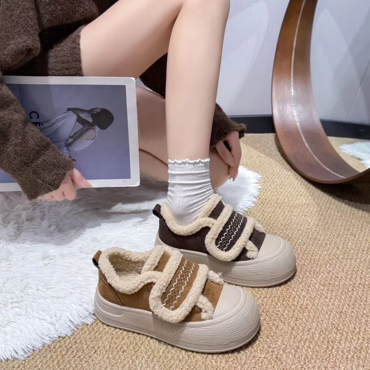 松糕底魔术贴棉鞋女冬加绒加厚2025冬季新款一脚蹬乐福鞋面包鞋潮
