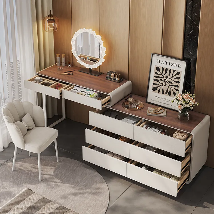 全实木岩板奶油风梳妆台现代简约卧室家用化妆台三斗柜转角柜化妆
