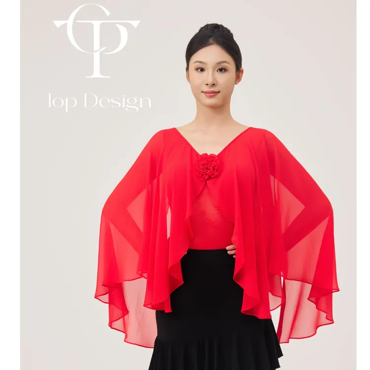 TOP Design【雾里花影】摩登舞服蕾丝V领短袖连体上衣大飘袖