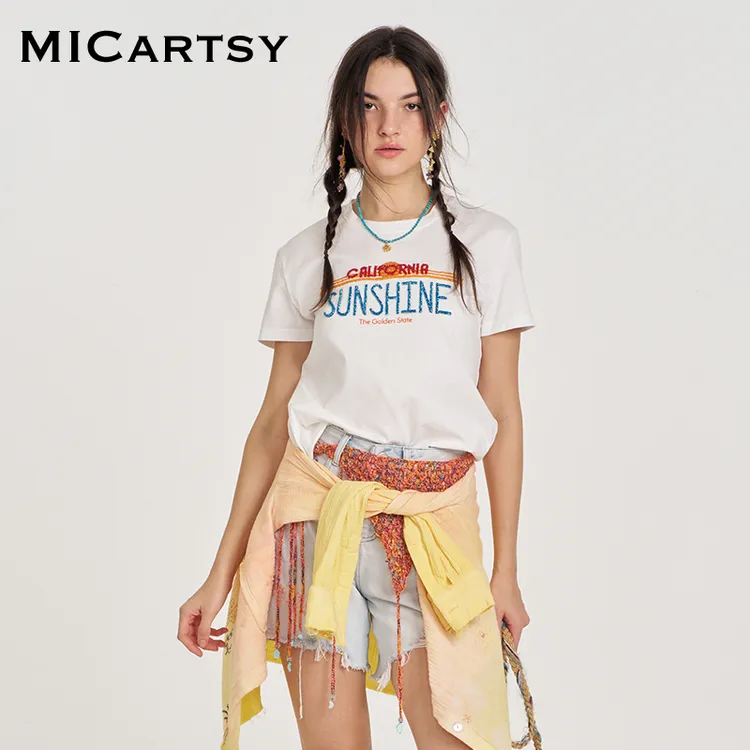 【口口专属】MICartsy王紫珊春夏新款白色手工钉珠sunshine上衣T恤