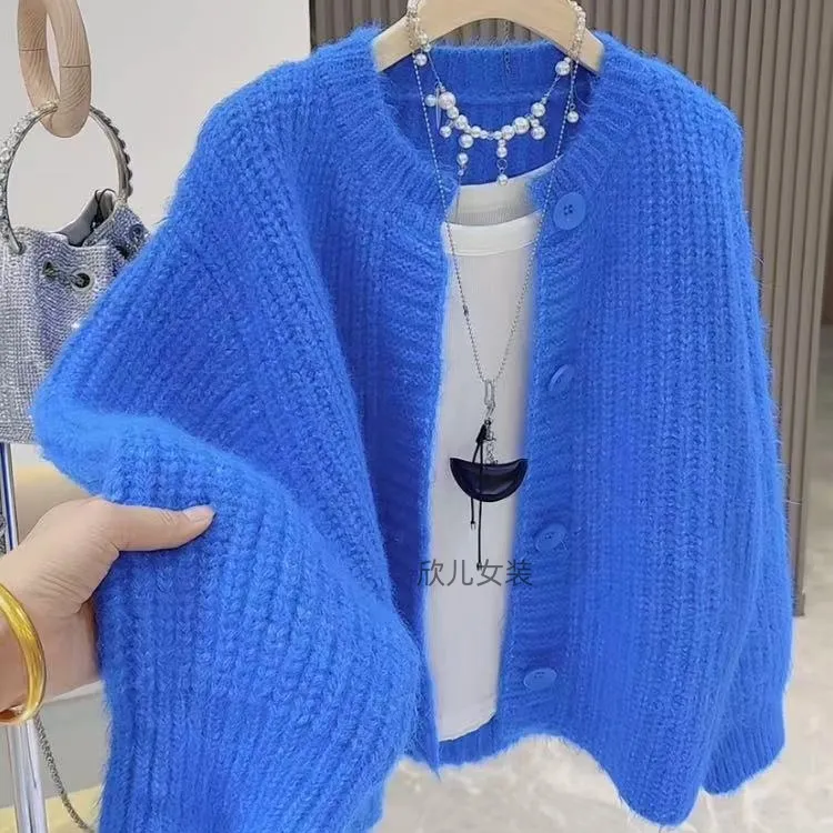 克莱因蓝加厚毛衣外套女秋冬新款休闲简约洋气圆领单排扣针织开衫