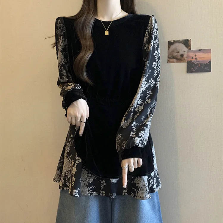 大码假两件金丝绒拼接衬衫女春秋胖mm遮肚子显瘦洋气百搭收腰上衣