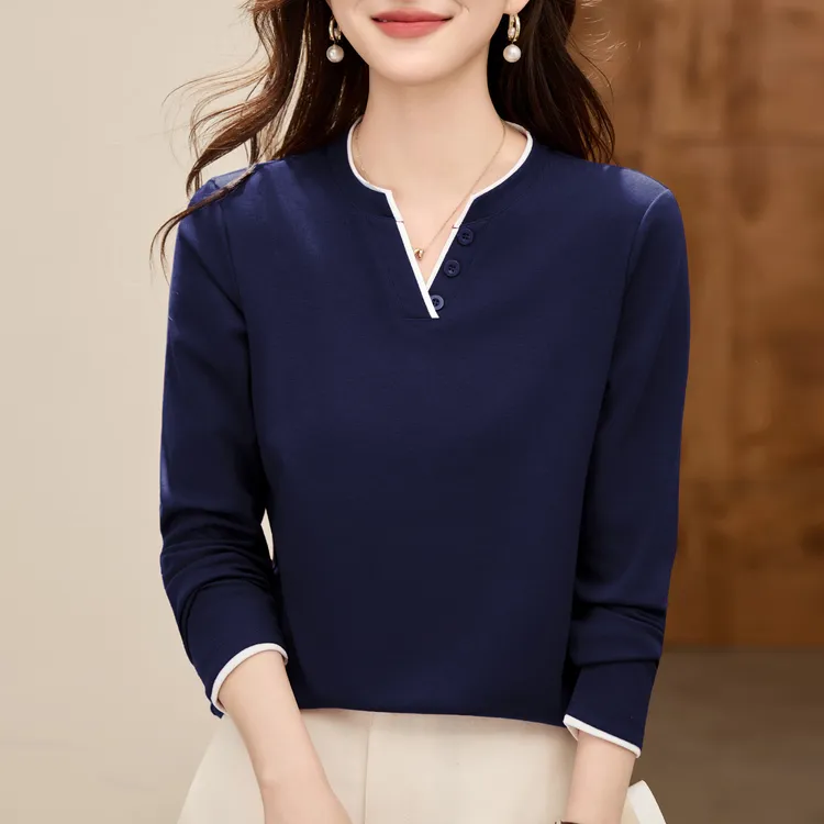正肩修身长袖2025春秋季新款打底衫显瘦百搭拼色V领时尚女士上衣