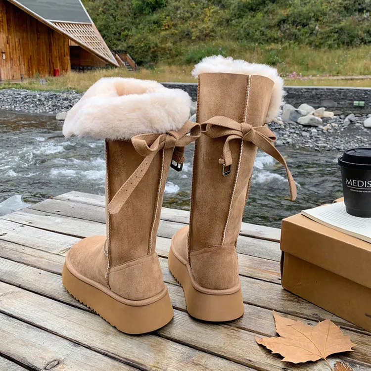 厚底高筒雪地靴女2025冬季新款蝴蝶结保暖加绒长筒靴两穿东北棉鞋