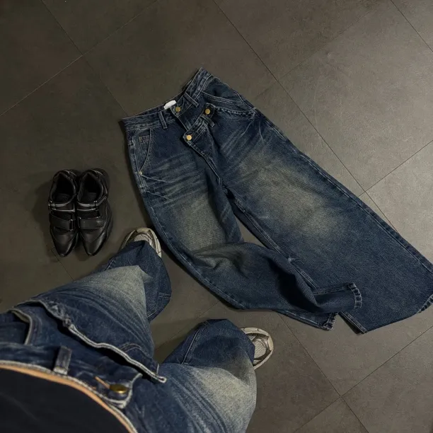 秋冬小众设计高腰阔腿磨毛女牛仔裤88730