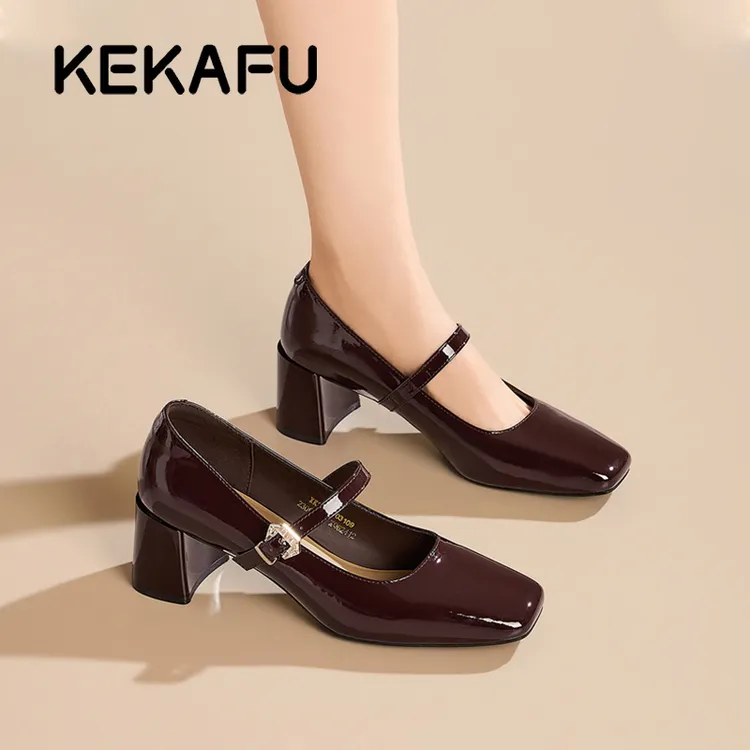 珂卡芙法式粗跟高跟鞋女鞋新款春季一字带玛丽珍鞋方头配裙子单鞋