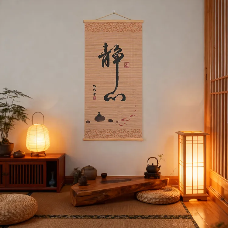 静心舍得竹帘卷轴挂画客厅茶室办公室背景墙装饰画