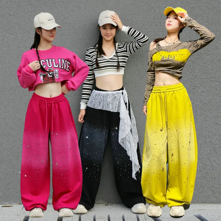 美式街舞运动休闲裤子jazz爵士跳舞穿搭秋冬加绒厚渐变烫钻女宽松