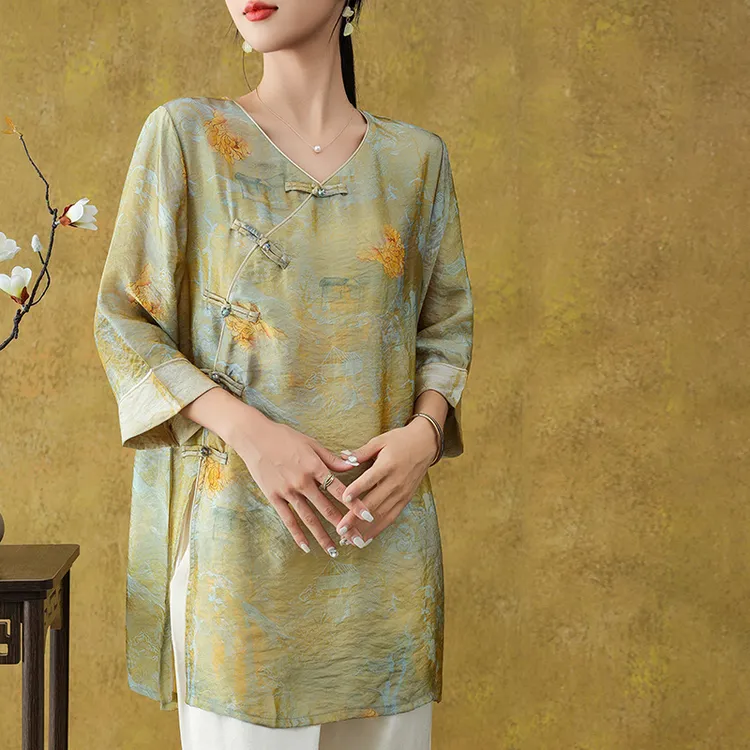 夏季短袖V领宽松薄款中国风七分袖中长款提花慵懒风新中式T恤G12