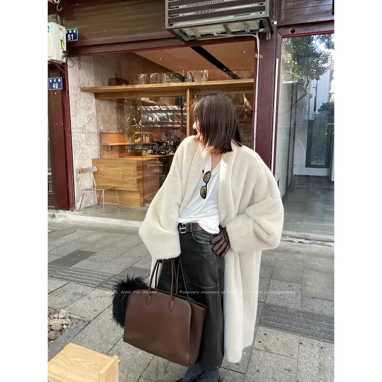 JCCC影子【白皑皑】米杏极简廓形环保皮毛一体长款大衣外套JE5PPW12