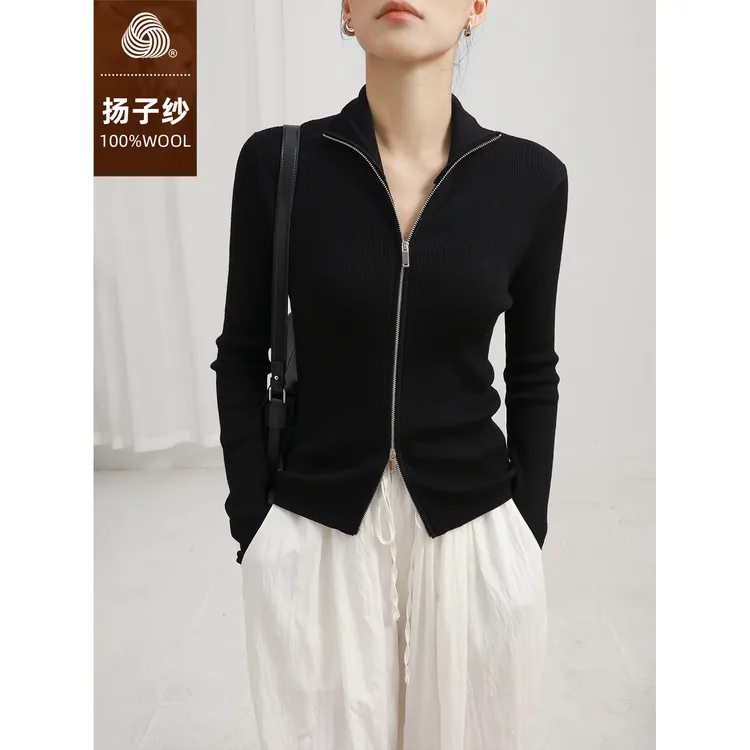 黑色修身显瘦设计感长袖羊毛针织开衫外套女秋立领双拉链叠穿毛衣