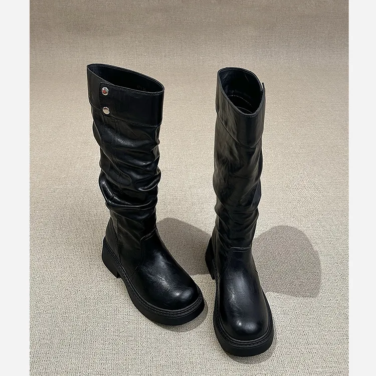 牛皮版厚底长筒靴女2025秋新款不过膝冬季靴子堆堆皮靴加绒骑士靴
