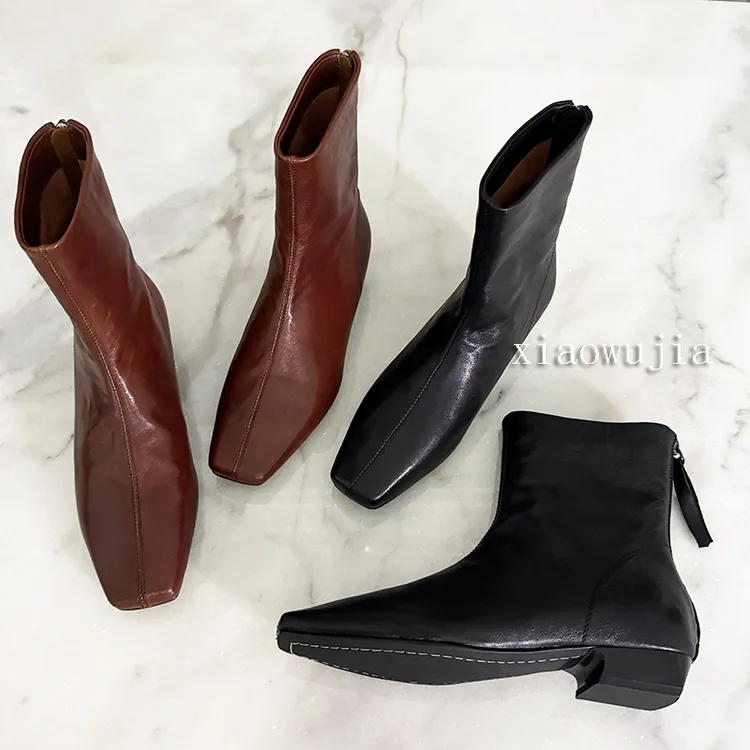 【小吴家】真皮短靴法式小方头气质女靴瘦瘦靴显瘦粗跟阔腿裤必备鞋