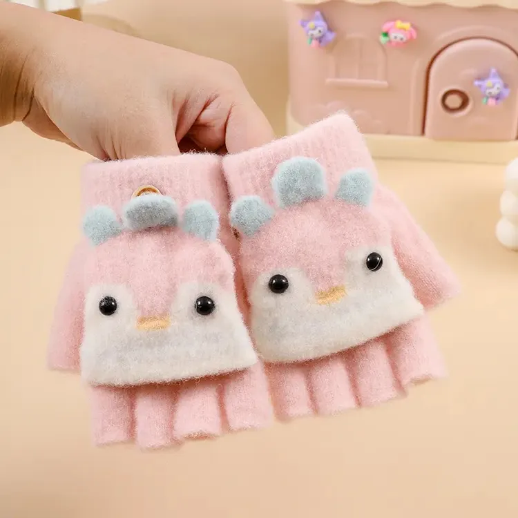 冬季保暖半指翻盖儿童手套男女童学生写字露五指手套公仔加绒防寒