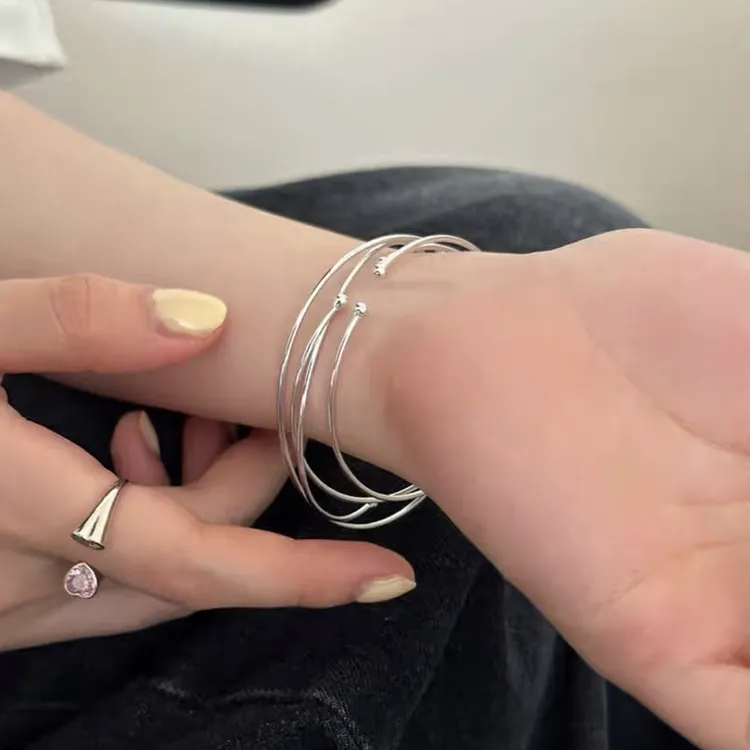 925银手镯 超细开口叠戴素圈手镯纯银女银色手环可调节高级感小众