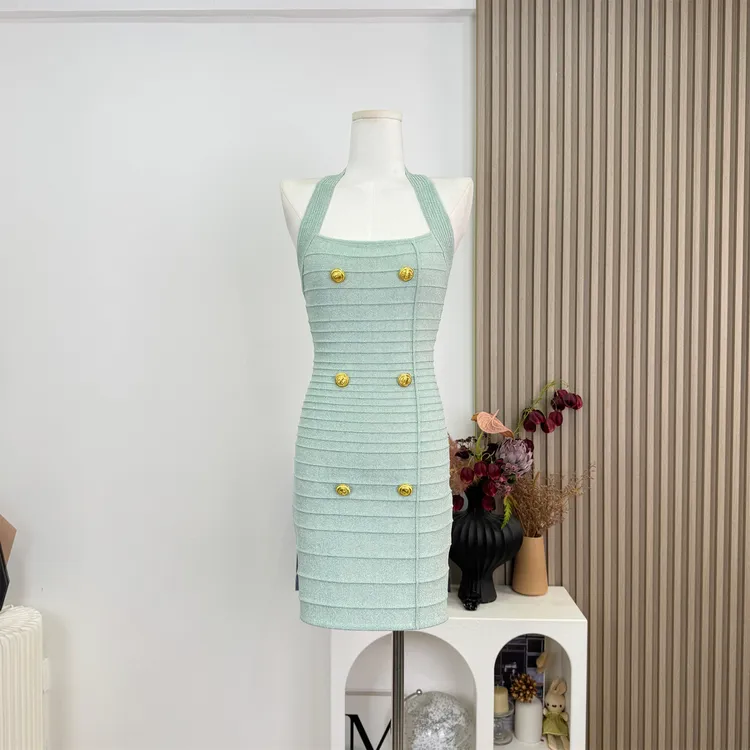 【茉莉人生】名媛风针织吊带连衣裙女金银丝重工弹力修身