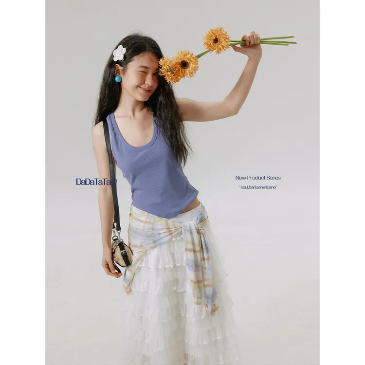 2025夏季新款字母印花背心时尚百搭通勤显瘦修身运动白色针织短款