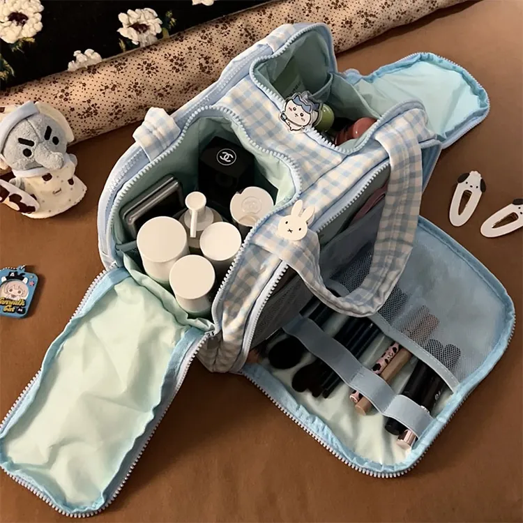 奶蓝格子化妆包大容量分区收纳化妆品收纳包便携外出旅行洗漱包mc