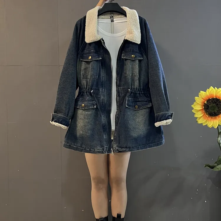 秋冬新款欧货时尚休闲翻领抽绳设计收腰显瘦加厚牛仔外套