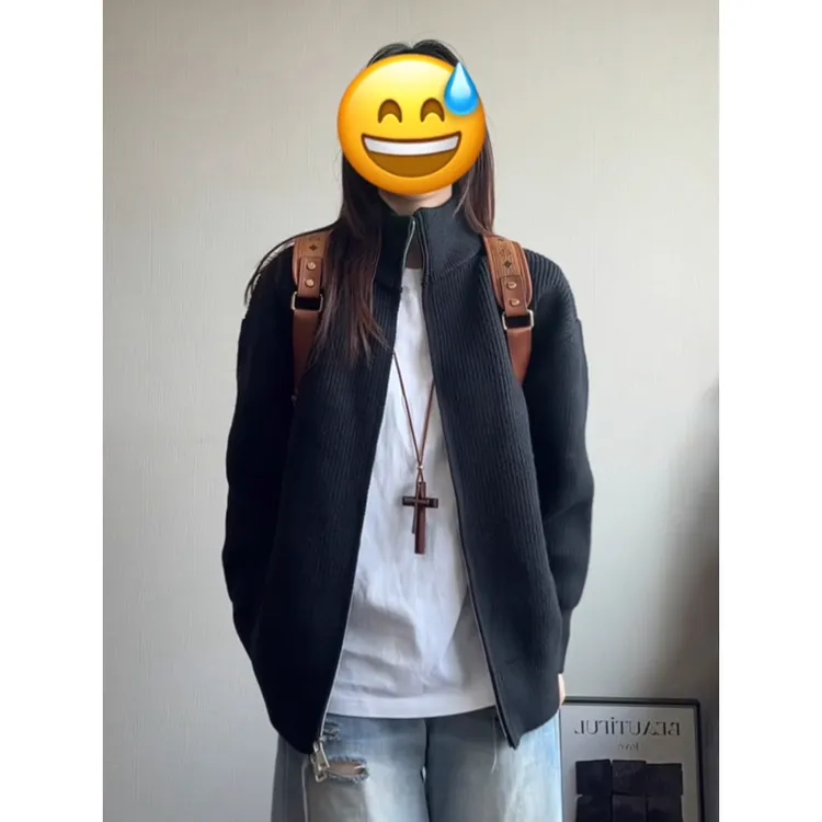 黑色立领拉链毛衣外套男秋季慵懒风穿搭cleanfit正肩针织开衫夹克