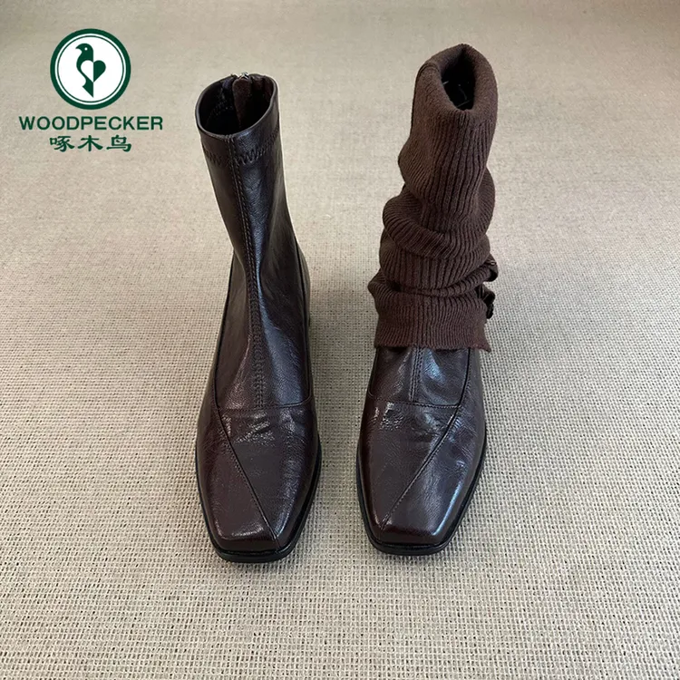 啄木鸟复古方头短靴女显瘦后拉链通勤气质粗跟弹力瘦瘦靴女马丁靴