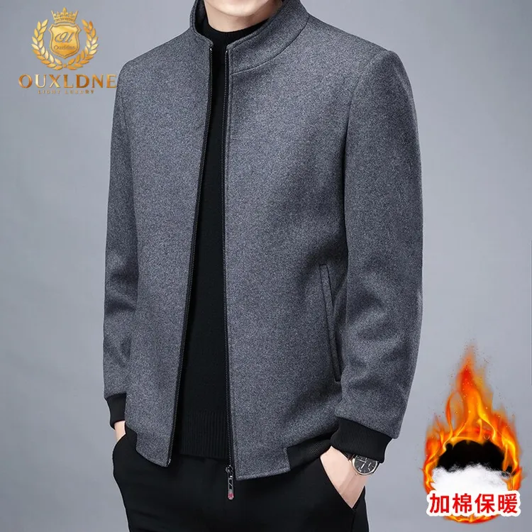 OUXLDNE 毛呢夹克男士秋冬季新款立领上衣加厚保暖休闲呢大衣外套