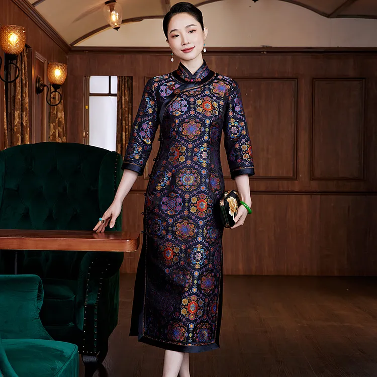 【墨锦黛影】新款桑蚕丝高端宋锦长袖复古日常修身气质旗袍W25610