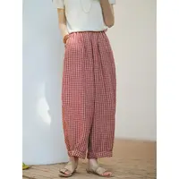 麻霖夏新品21支100%亚麻双色色织格文艺休闲显瘦萝卜裤长裤
