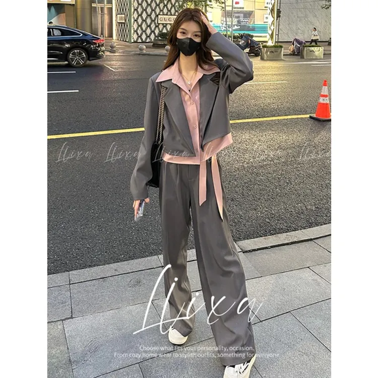 拉夏贝尔时尚西装套装女2025秋季新款假两件西服上衣阔腿裤两件套