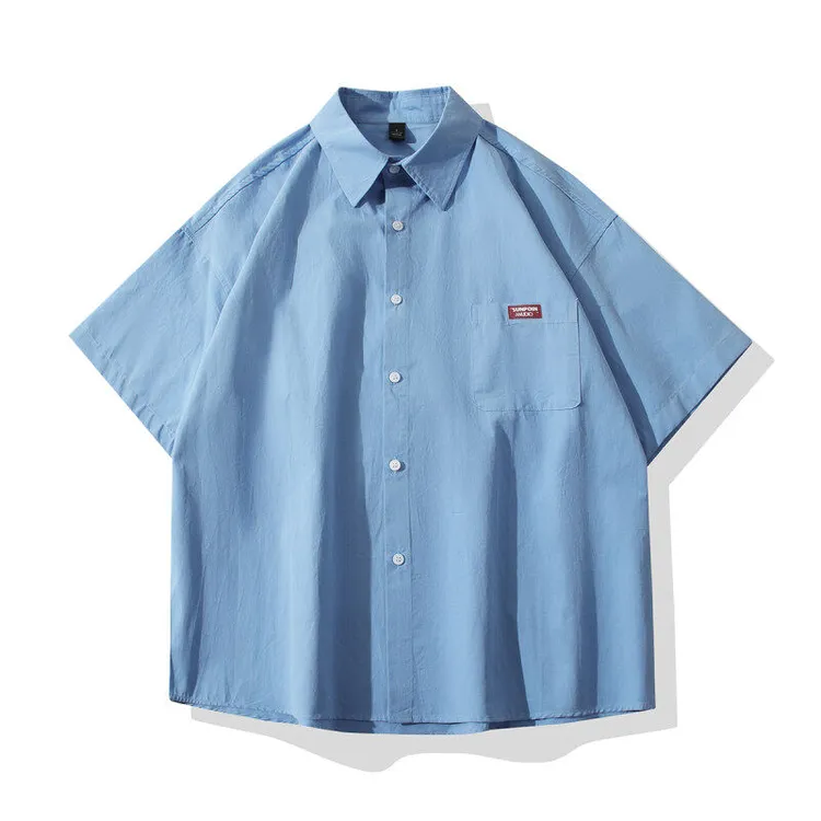 港风休闲纯棉短袖衬衫百搭夏季男女宽松潮流复古纯色衬衣大码外套