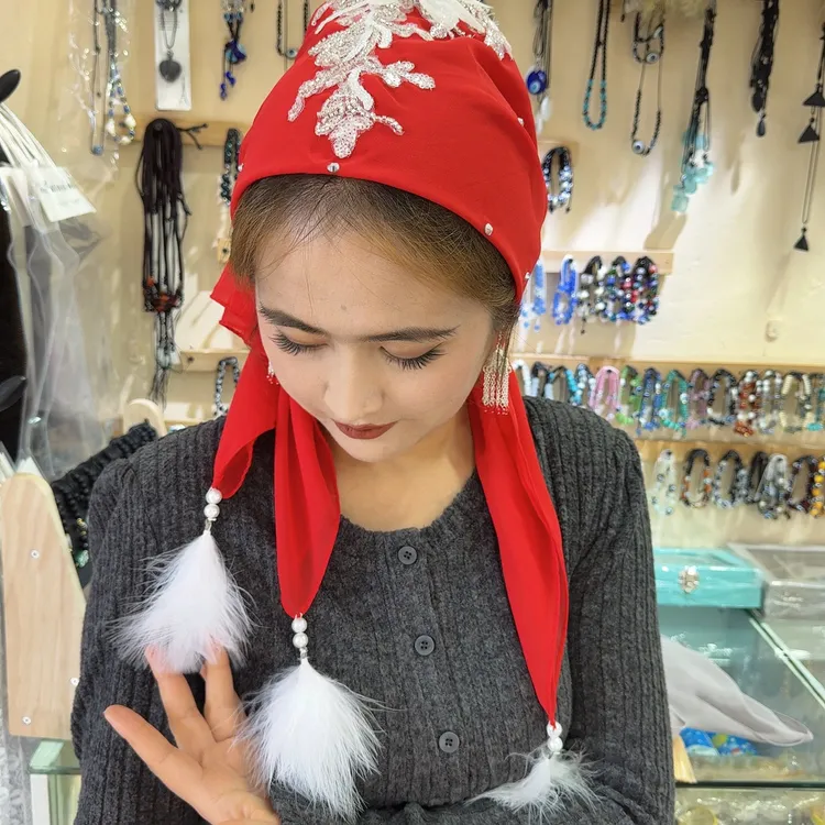 民族风新娘纱头巾手工串珠流苏百搭