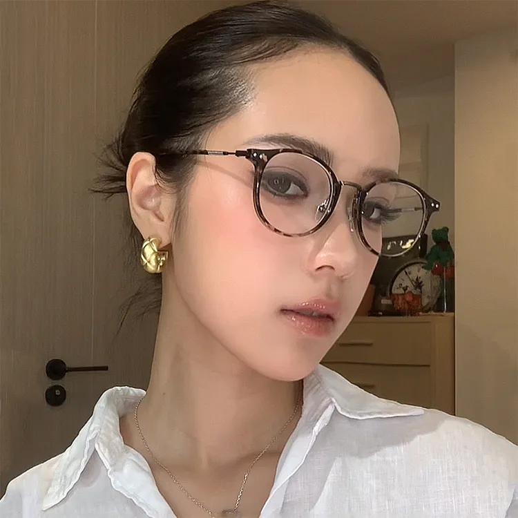 复古玳瑁色圆框近视眼镜女韩版高智感素颜平光镜防蓝光方圆脸显瘦