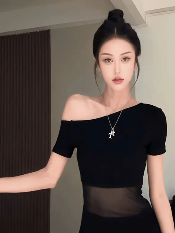 纯欲风网纱拼接斜肩短袖t恤女夏季设计感修身显瘦辣妹穿搭小上衣