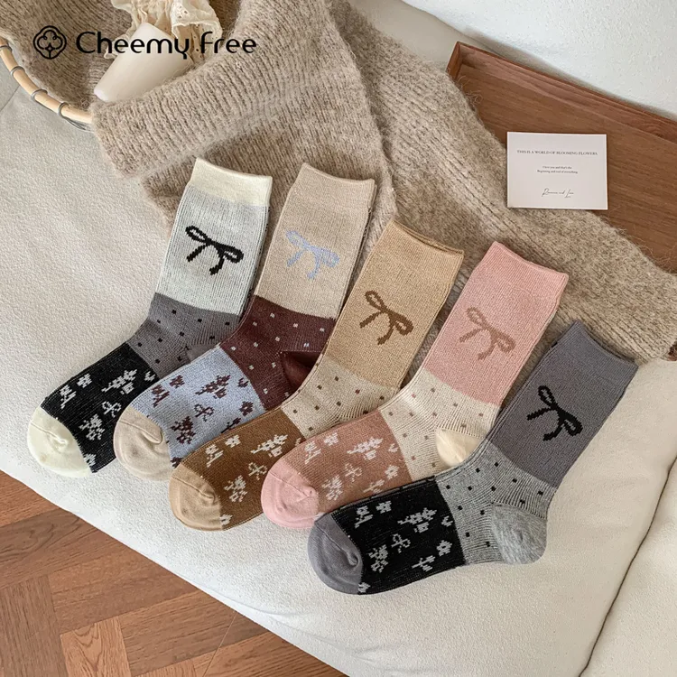 雀米优品韩系双针双路女中筒袜蝴蝶结时尚潮流ins风中筒袜女款