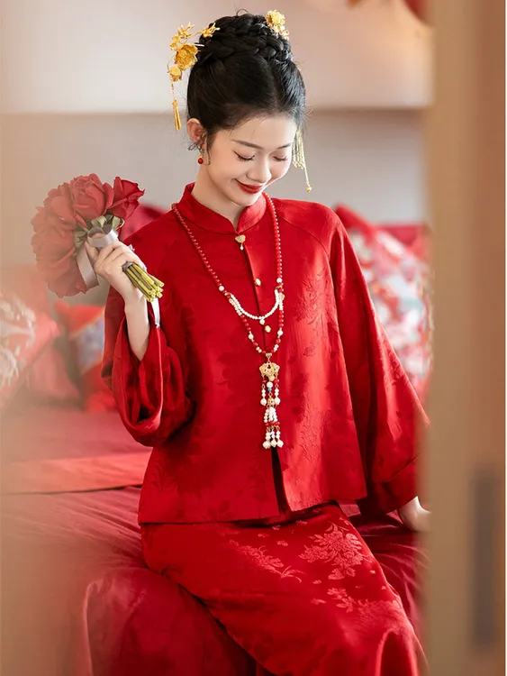 敬酒服新娘2025新款新中式结婚旗袍套装酒红色订婚礼服回门长袖女