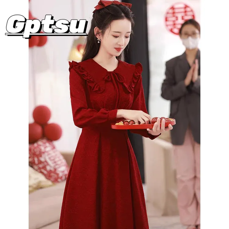 GPTSu2025年新款中式酒红色新娘敬酒服秋季高级感宴会连衣裙礼服