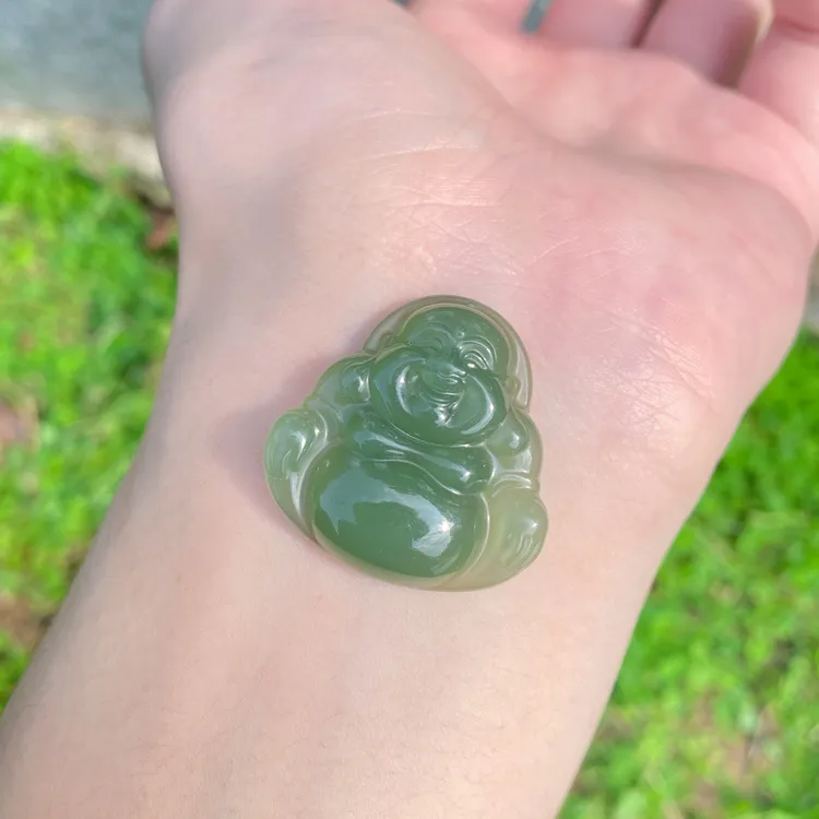 和田玉老坑料高冰湖水绿弥勒佛笑口常开大肚能容手工雕刻送礼佳品