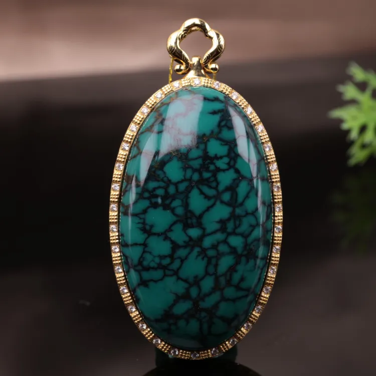 原矿纯天然绿松石精品特色镶嵌18k金网花吊坠