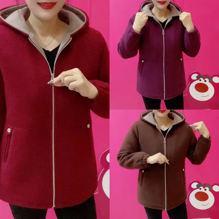 中老年女士连帽加绒加厚毛呢外套秋冬保暖时尚大码妈妈装