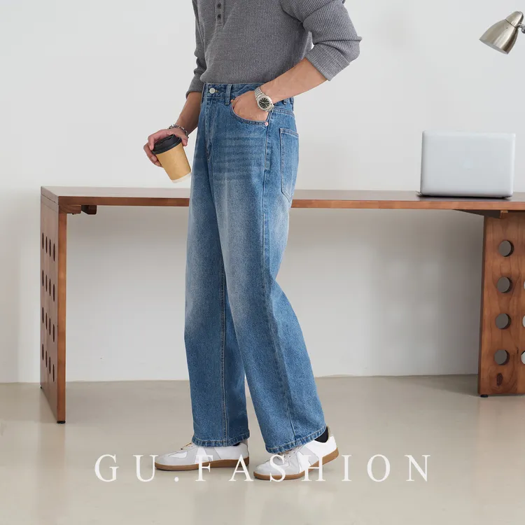 GU FASHION复古做旧纯棉宽松直筒牛仔裤男士潮流垂感渐变休闲长裤