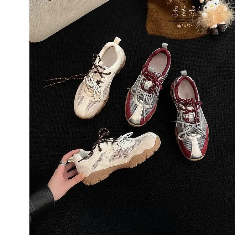 牛皮版~网面透气真皮阿甘德训鞋女2025春季新款红色运动跑步女鞋