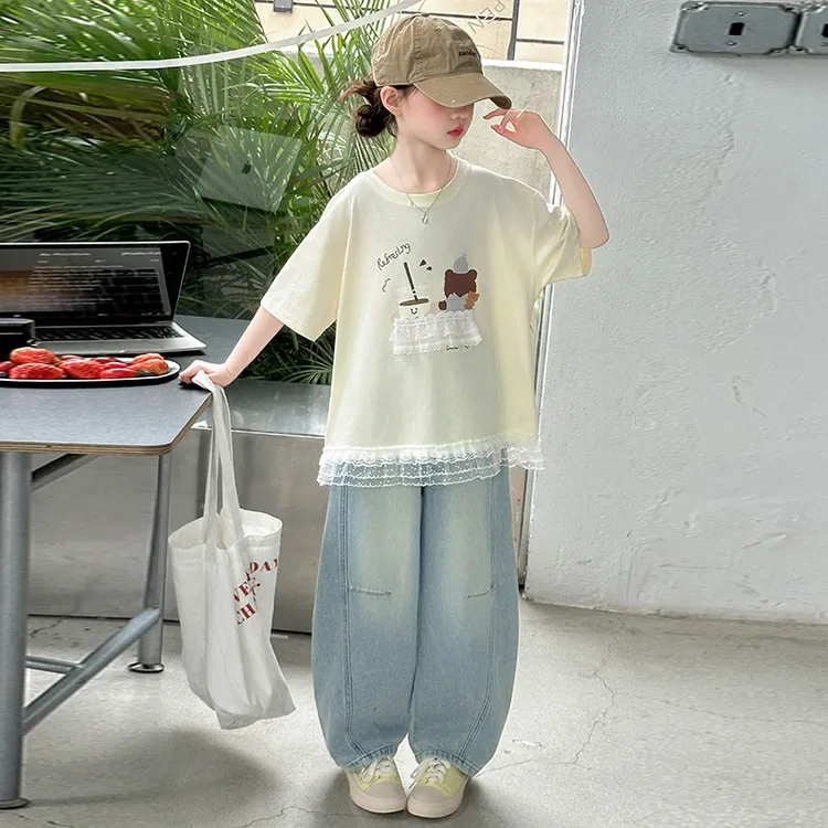 女童夏装爆款2025新款洋气儿童短袖T恤牛仔裤子套装6-12岁潮款